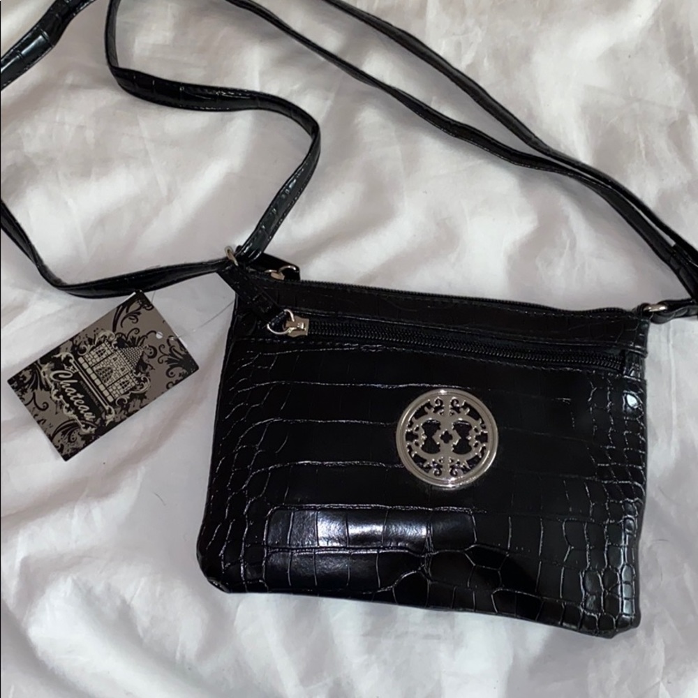 Black faux reptile patterned crossbody purse